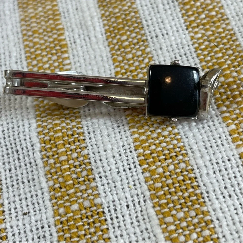 Vintage SWANK Black and Silver Tone Cuff Links Tie Clip‎ Set Retro